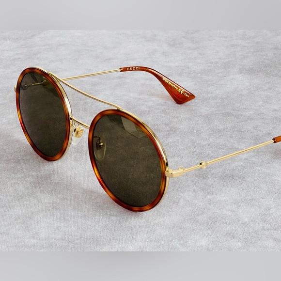 Gucci Gg0061s Round Metal Framed Sunglasses Brown Green Lense - Picture 6 of 12